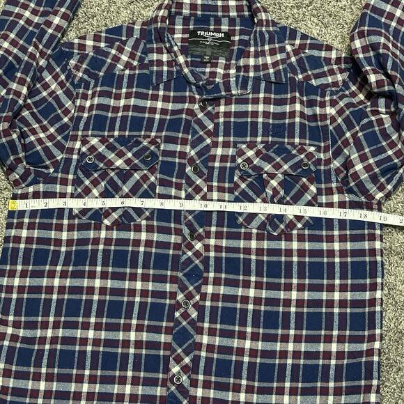 Triumph Bonneville Plaid Flannel Womens Sz S 100% Cotton Soft Front Pockets Blue - Picture 4 of 6